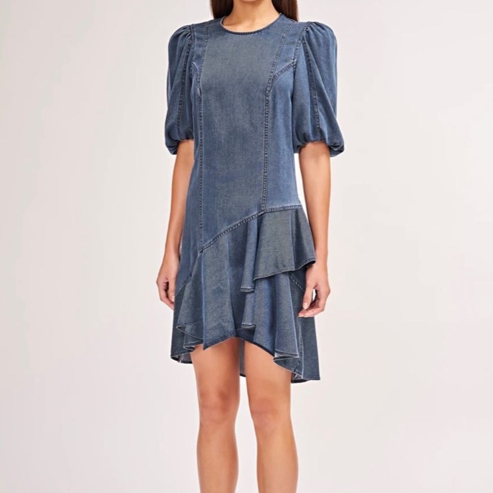 Amur Puff Sleeve Denim Dress with Ruffle Asymmetrical Hem
